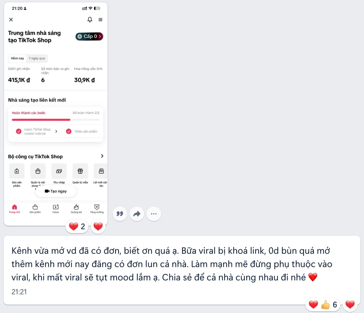 Thông báo đơn hàng mới từ kênh TikTok của học viên