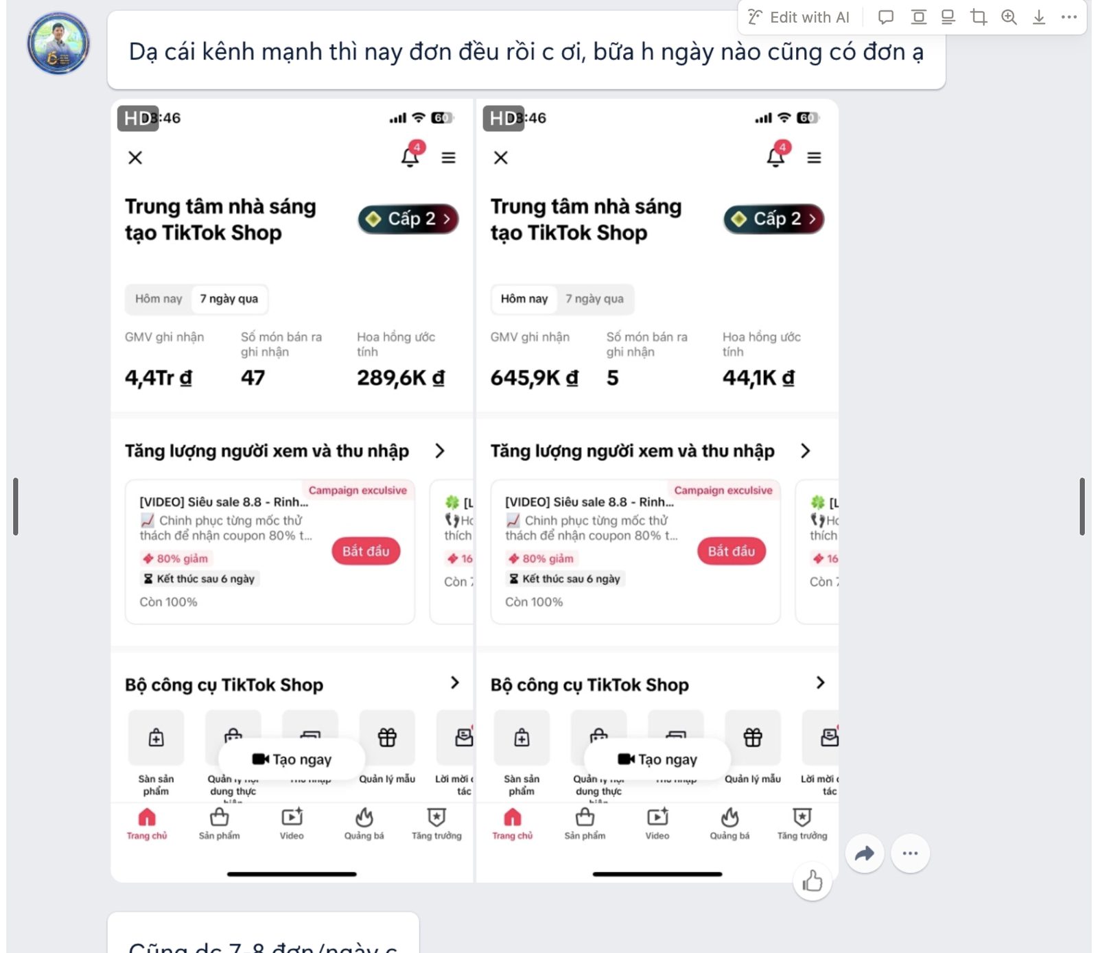Kết quả kênh TikTok Shop sau khi áp dụng concept