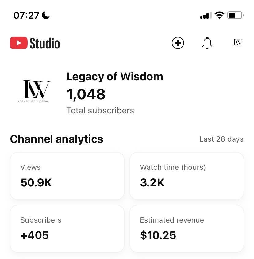 YouTube Studio: kênh Legacy of Wisdom, 1.048 subscribers, doanh thu ước tính 10.25$ trong 28 ngày