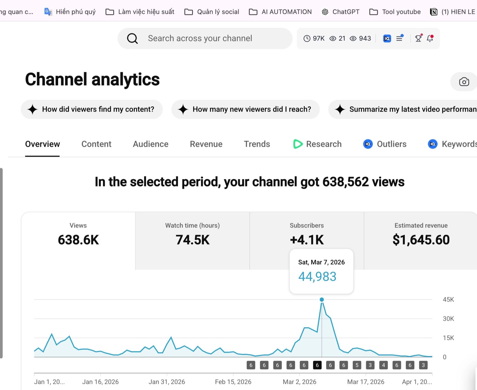 Thống kê doanh thu kênh YouTube đối tác khác