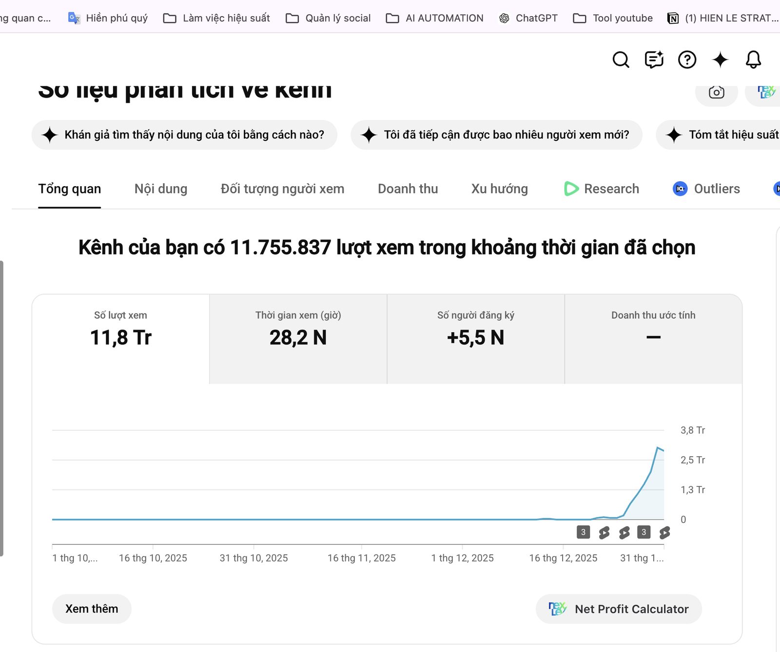 Kết quả doanh thu YouTube của một đối tác khác