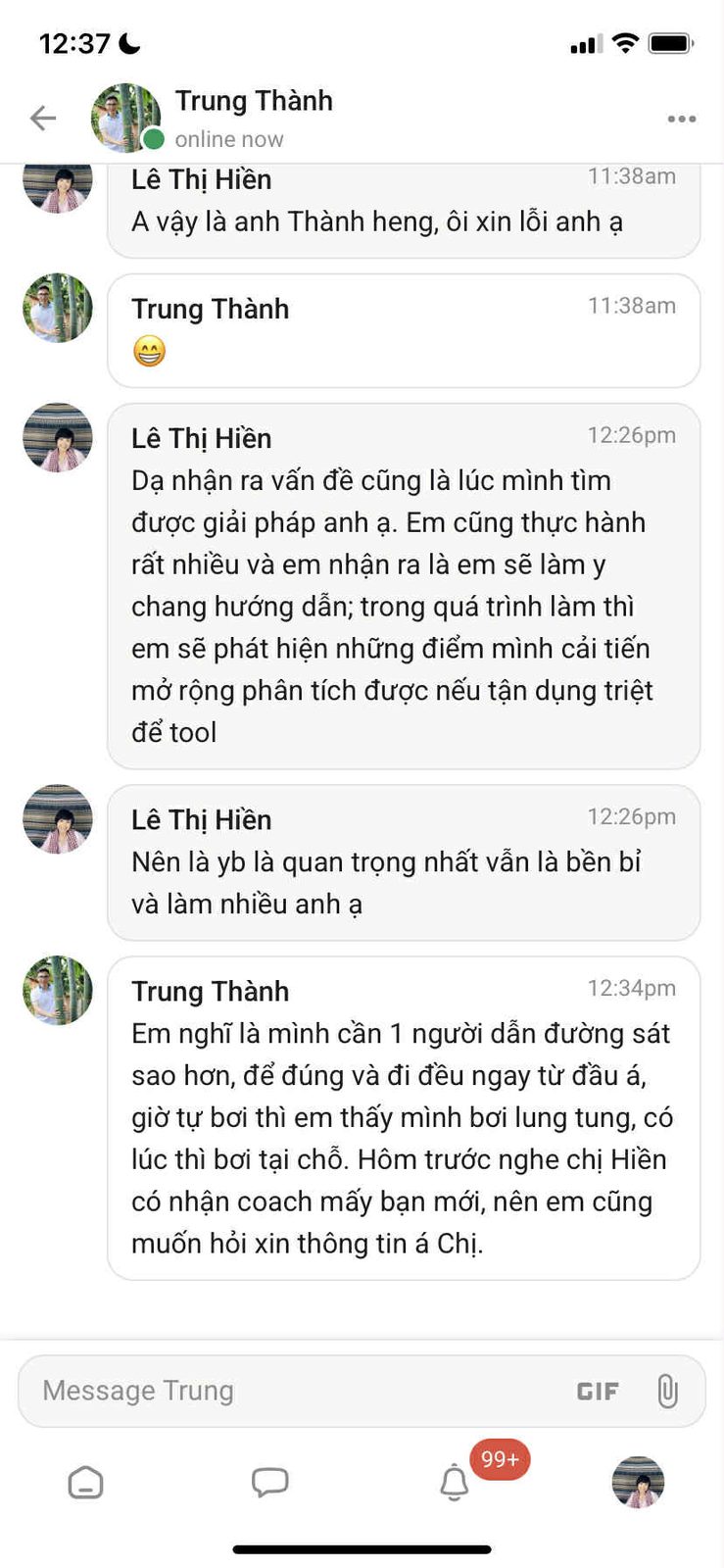 Tin nhắn trao đổi giữa học viên và Lê Hiền về quy trình YouTube