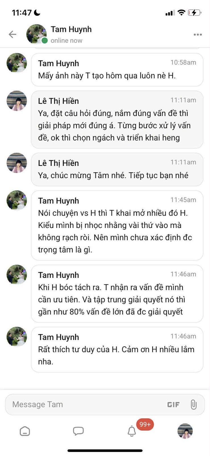 Tin nhắn cảm ơn từ học viên sau khi áp dụng hướng dẫn