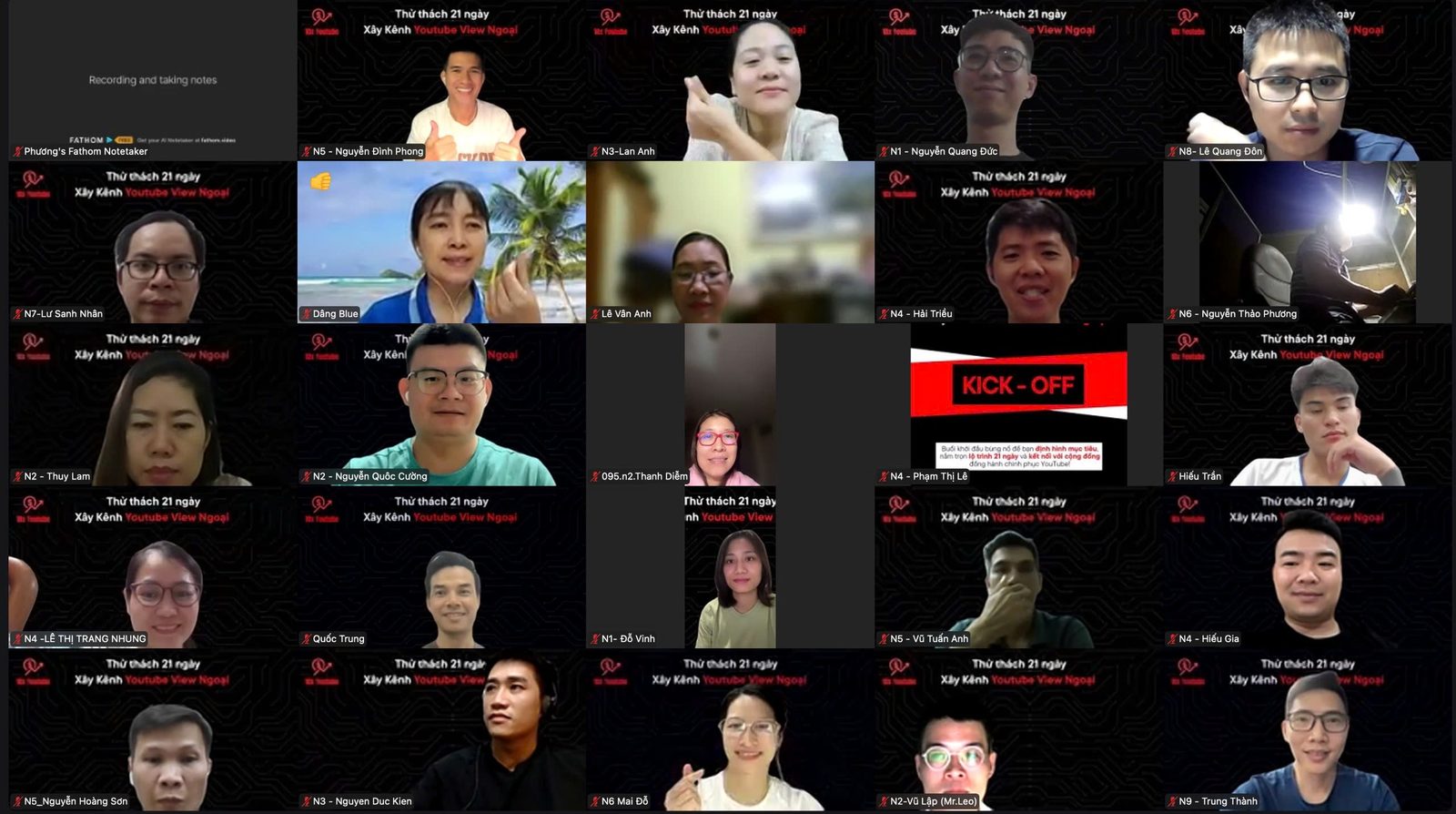 Lưới video call buổi kick-off thử thách 21 ngày xây kênh YouTube view ngoại